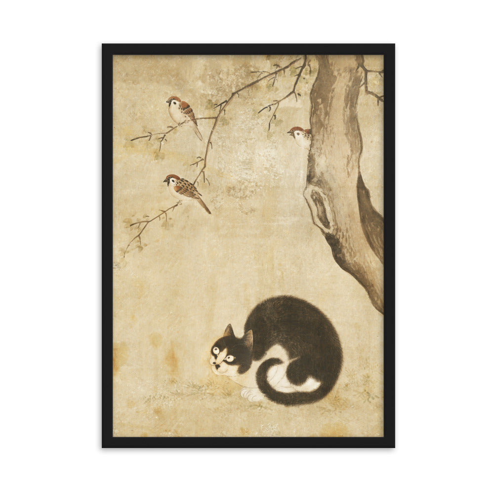 Poster - Katze und Spatzen, Byeon Sang-byeok Schwarz / 50×70 cm artlia