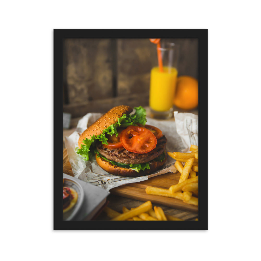 Poster mit Rahmen - Burger und Pommes Schwarz / 30×40 cm artlia
