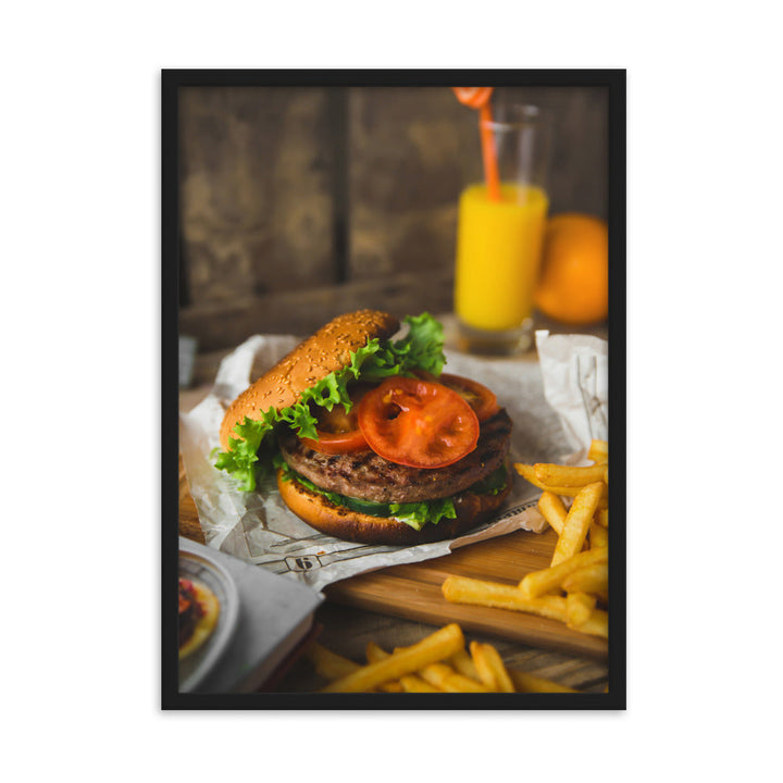 Poster mit Rahmen - Burger und Pommes Schwarz / 50×70 cm artlia