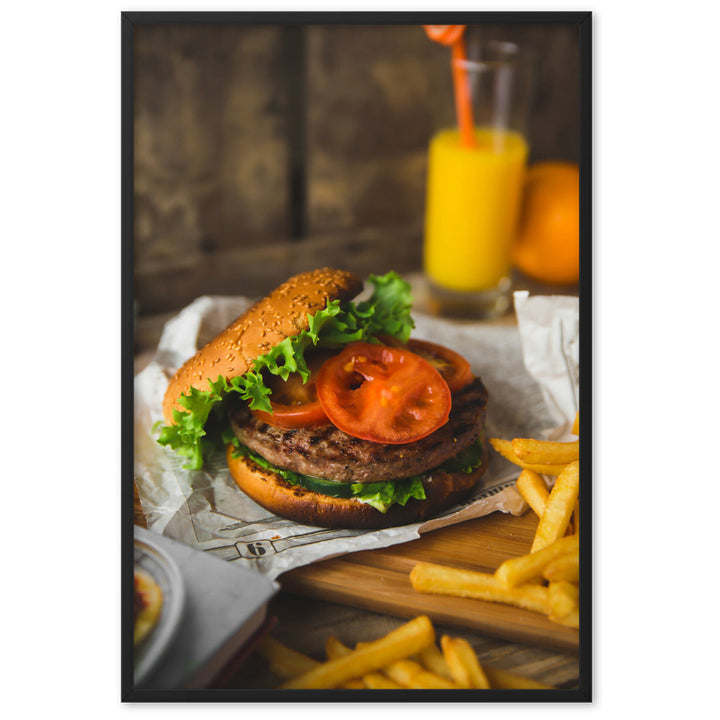 Poster mit Rahmen - Burger und Pommes Schwarz / 61×91 cm artlia