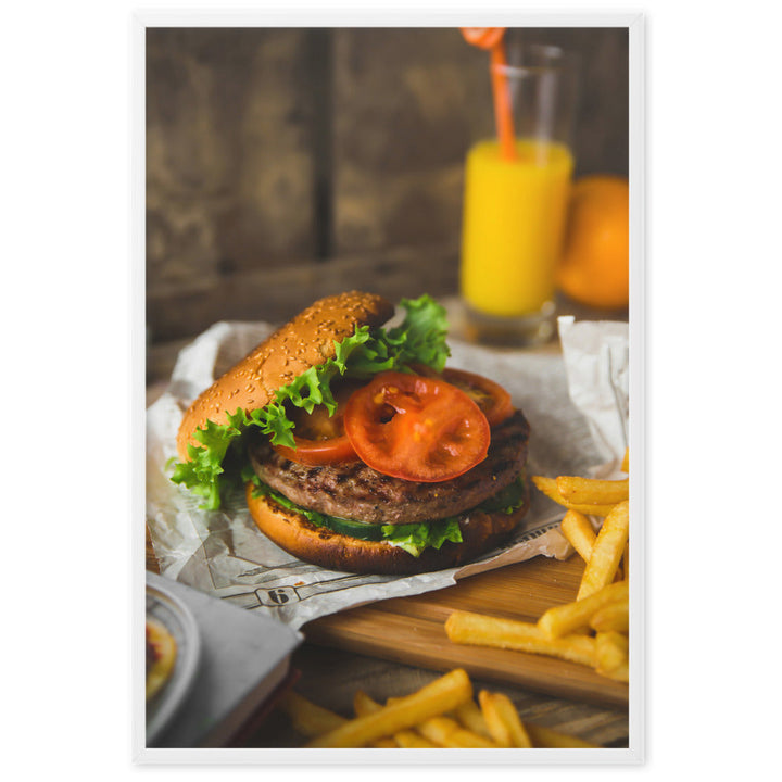 Poster mit Rahmen - Burger und Pommes Weiß / 61×91 cm artlia