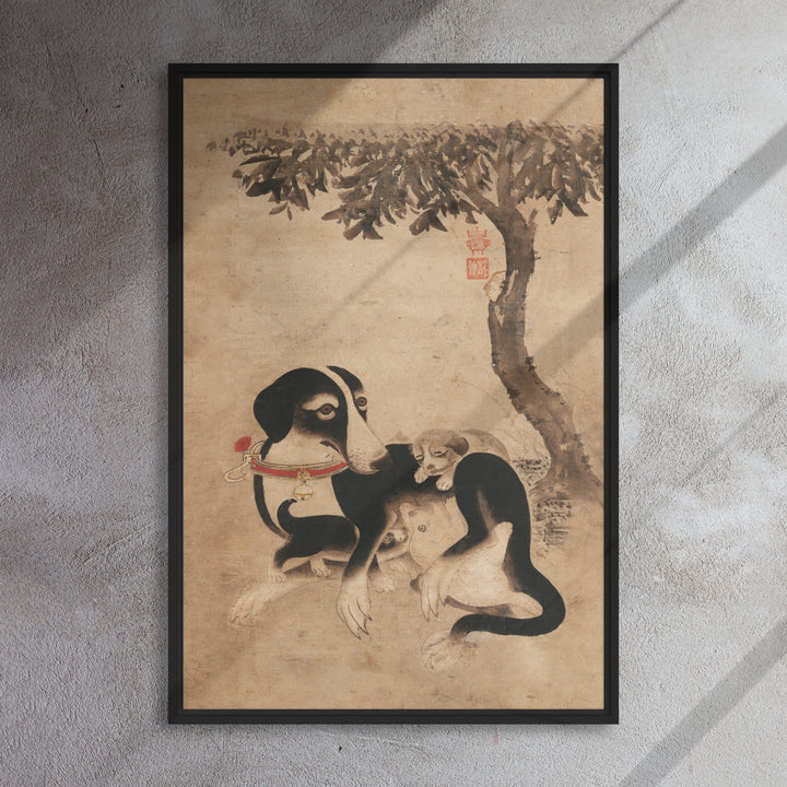 Hundemutter-mit-Welpen-framed-canvas-_in_-black-24x36