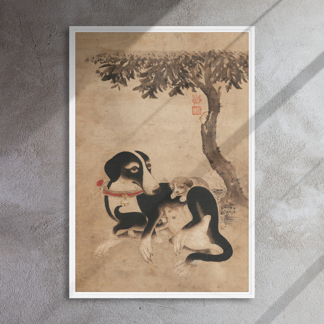 Hundemutter-mit-Welpen-framed-canvas-_in_-white-24x36