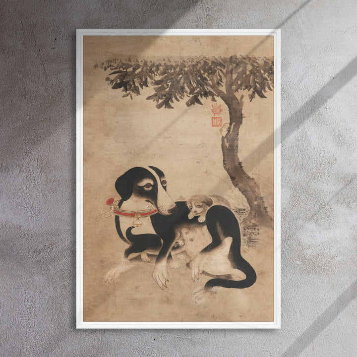 Hundemutter-mit-Welpen-framed-canvas-_in_-white-24x36