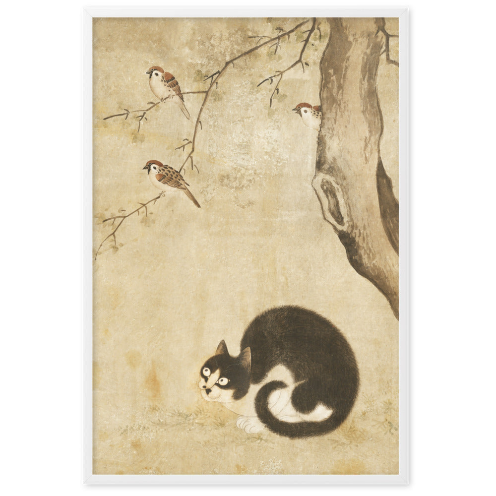 Poster - Katze und Spatzen, Byeon Sang-byeok Byeon Sang-byeok Weiß / 61×91 cm artlia
