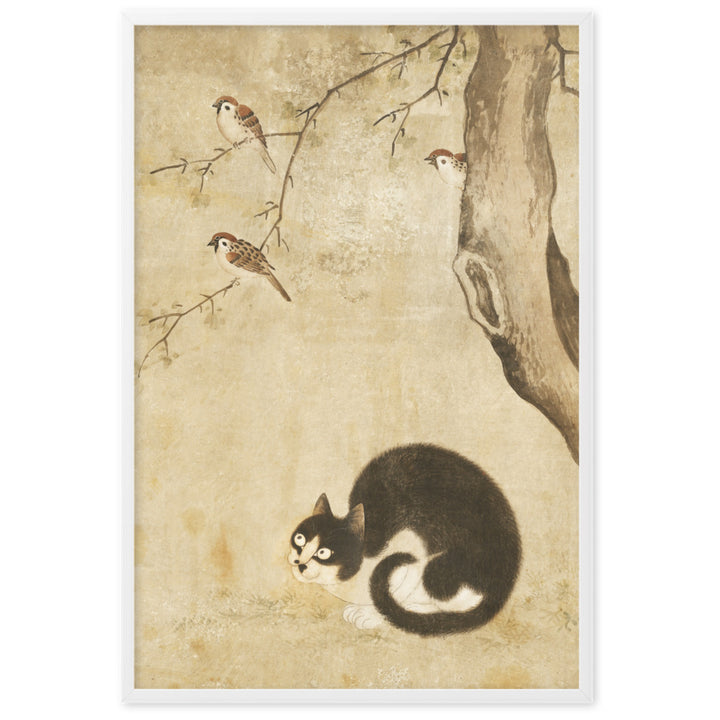 Poster - Katze und Spatzen, Byeon Sang-byeok Byeon Sang-byeok Weiß / 61×91 cm artlia