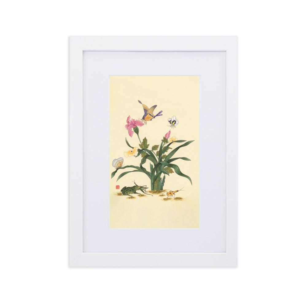 Blumen, Schmetteringe und Frosch - Poster im Rahmen mit Passepartout artlia Weiß / 21×30 cm artlia