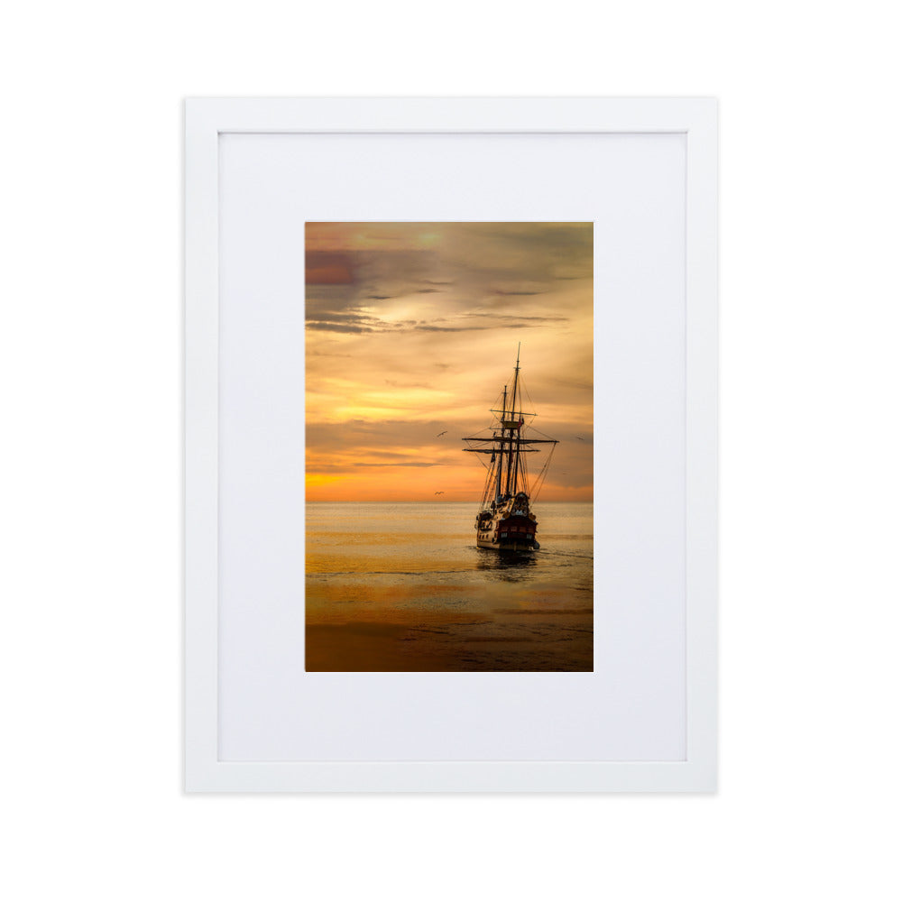 Poster mit Passepartout - Schiff im Sonnenuntergang Kuratoren von artlia Weiß / 30×40 cm artlia