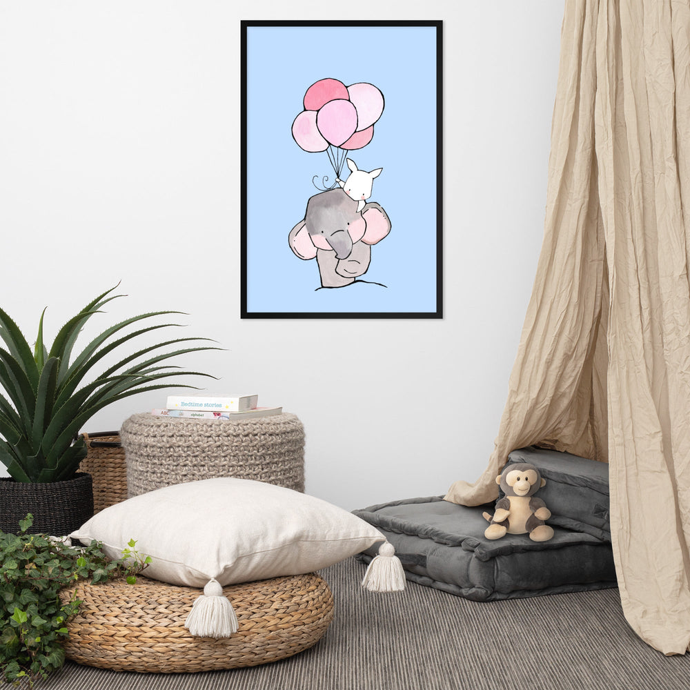 Poster mit Rahmen - Elefant und Hase mit Luftballon Kuratoren von artlia artlia